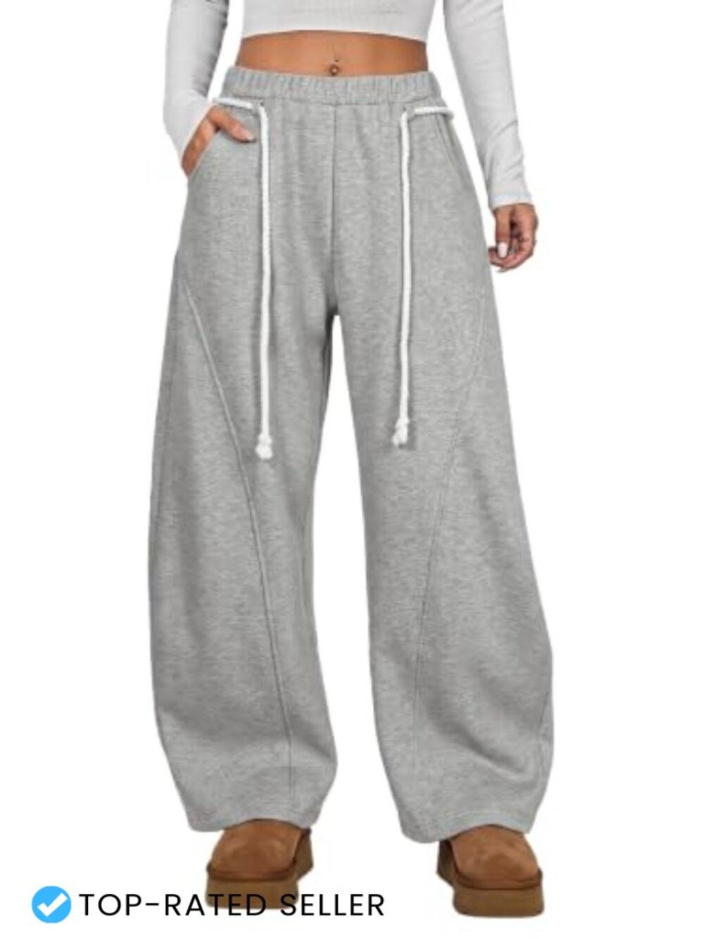 Fleece Lined Cotton Blend Wide Leg Barrel Sweatpants with Pockets